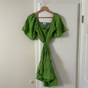 Velvet Green Puff-Sleeve Mini Dress